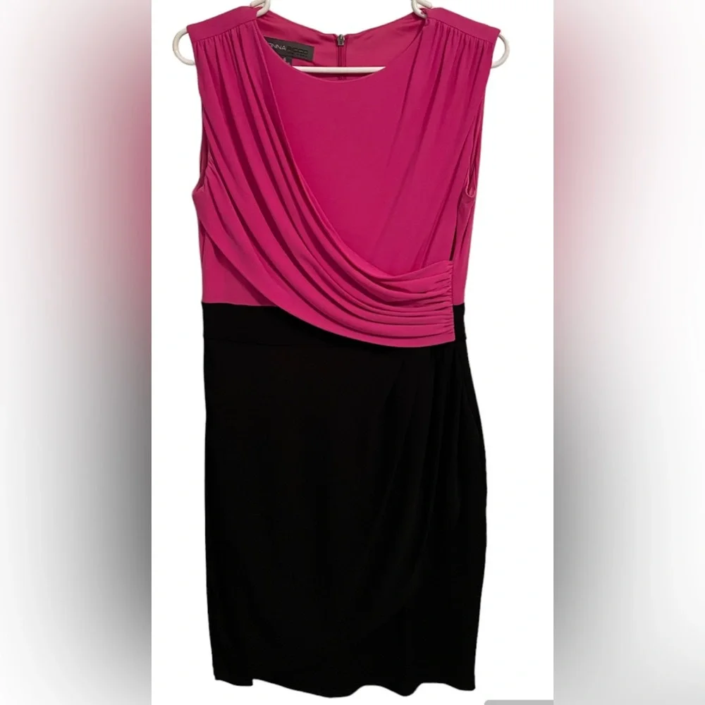 Donna Ricco Sleeveless Midi Wrap Ruched Party Sheath Modest Dress Pink/Black sz6 - Picture 10 of 10
